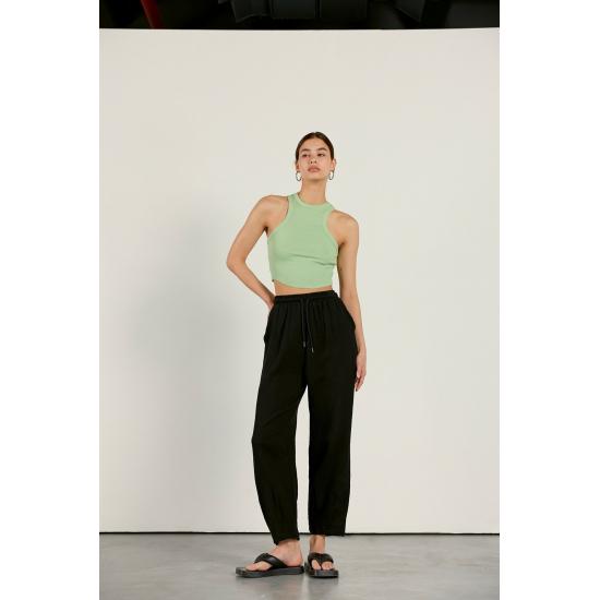 Pantaloni de jogging de damă, cu șireturi, cu talie elastică, amestec de in