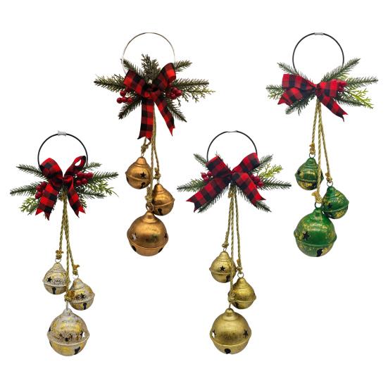 Christmas Bell Decoration 17.7" Hanging Jingle Bells with Plaid Bow Pine Needles Red Berries Rustic Holiday for Door
