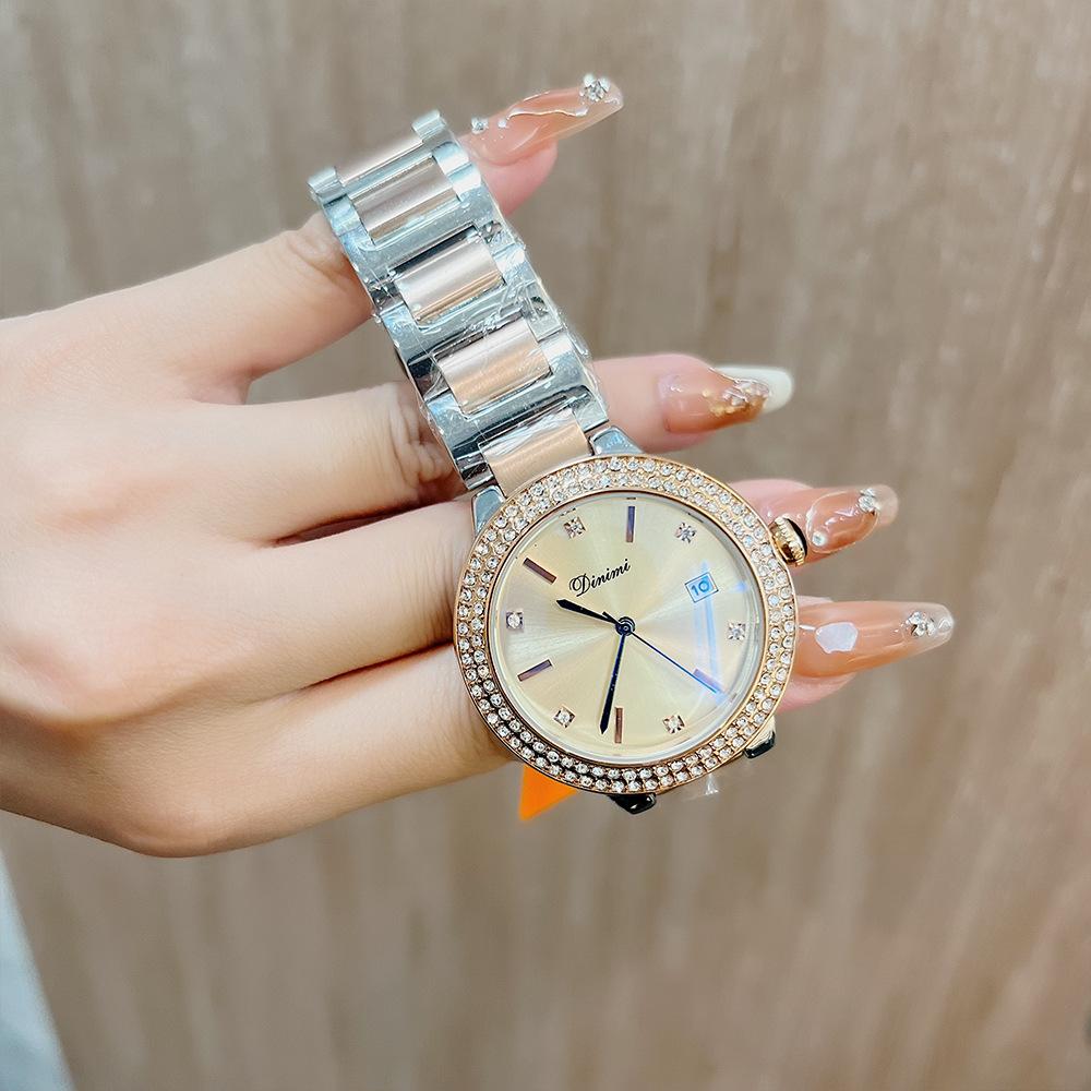 Neue einfache Stahlbanduhr Casual Fashion Kalender Damen Stahlbanduhr Nische Wasser Diamant Englische Uhr