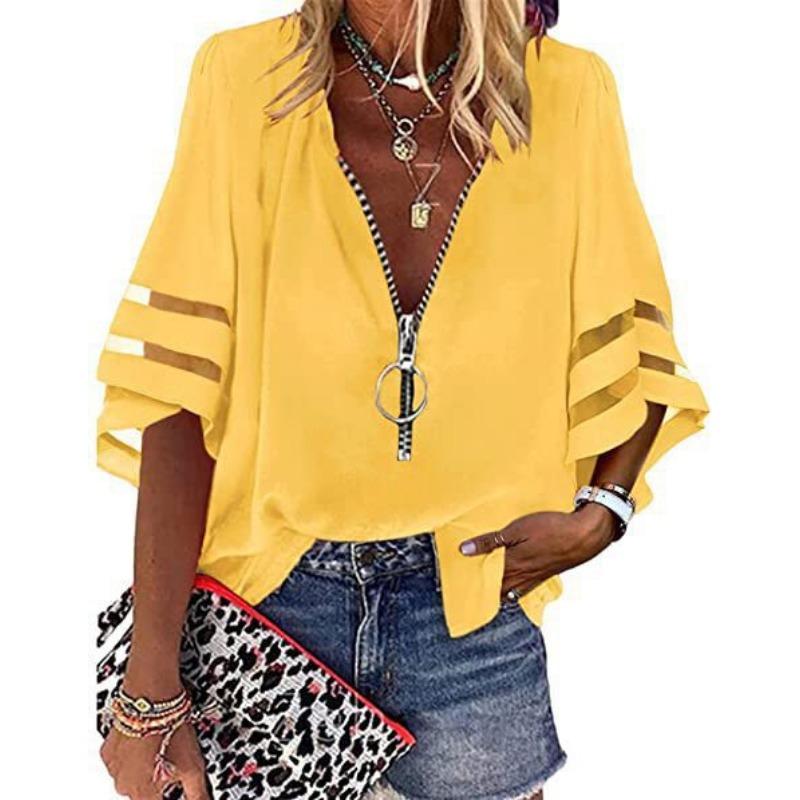 Women's Zipper Front V Neck Chiffon Blouse Casual Flare Sleeve Mesh Panel Loose Top