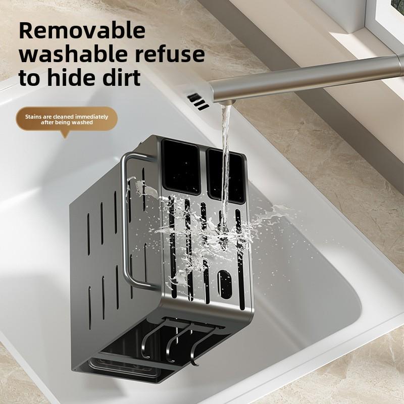 Kitchen Wall Mount Knife Holder Organizer Rack with Chopstick Storage and Dish Drying Tray, No Drilling Required