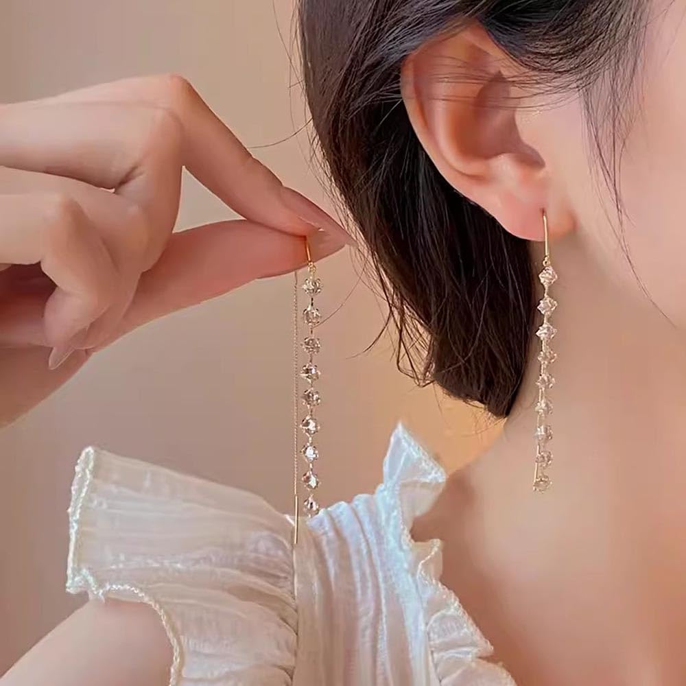 Earrings for Cubic Zirconia Swing Design 18K Gold Long Silver 925 K.L.Y Women, Earrings, RGP, Design, Simple, Feminine, Adult, Women's Earrings,