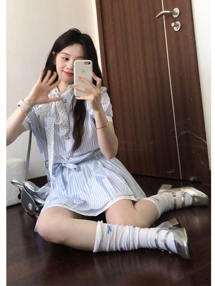 Summer Korean Style Polka Dot Striped Tiewaist Dress For Women