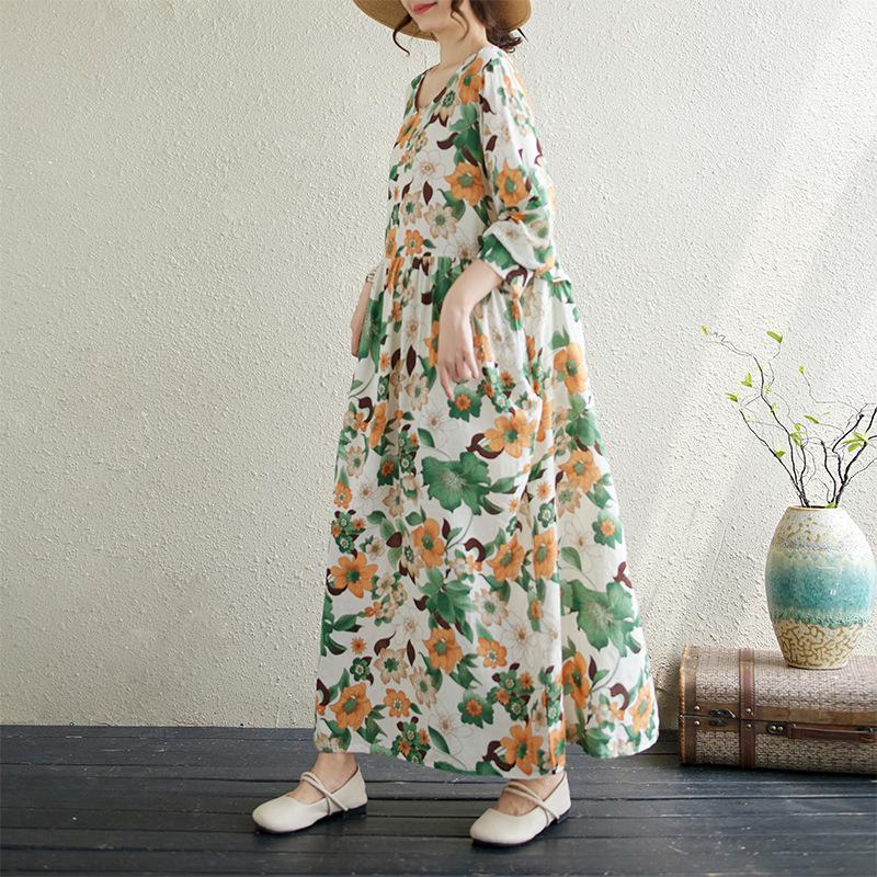 Autumn Art Retro Print Loose Slimming Plus Long Sleeved Mid Length Casual Dress for Women Dresses