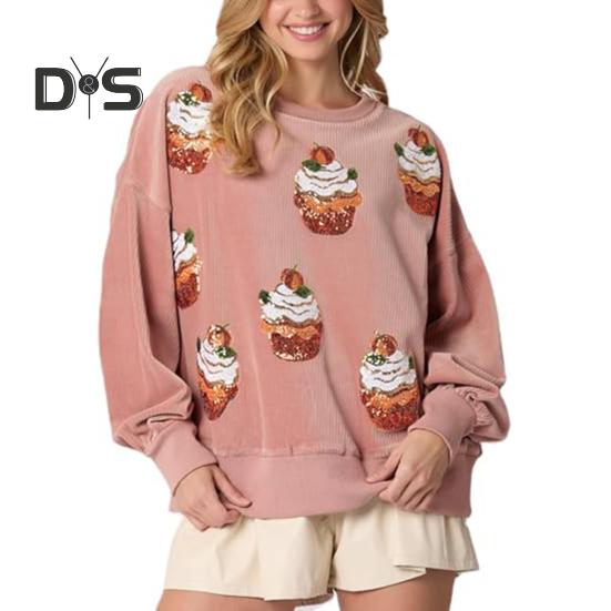 

Женская толстовка с принтом кексов и пайеток, круглый вырез, свободные длинные рукава, повседневный топ на рождественскую тематику для новогодней вечеринки XXL розовый