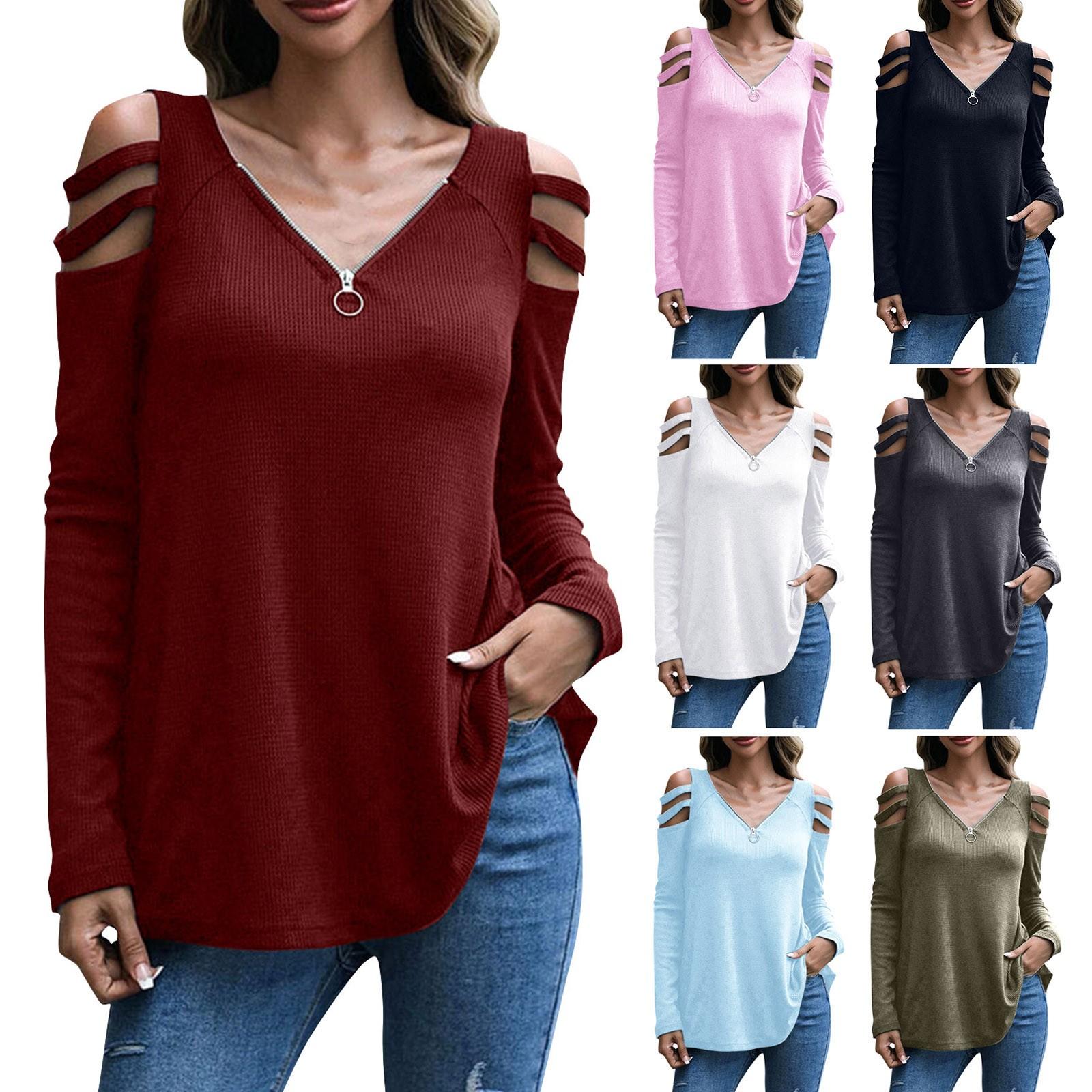 

Женская повседневная свободная однотонная блузка с открытыми плечами и молнией с длинным рукавом