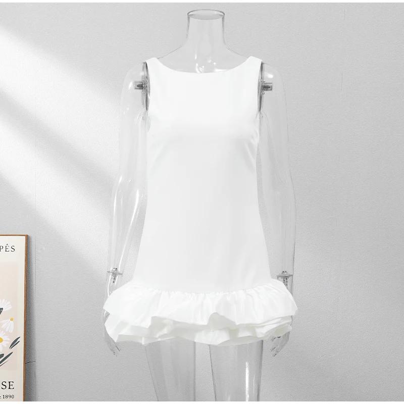 LYRIA Módní jednobarevné šaty s volánovým lemem bez rukávů přiléhavého střihu krátké dámské elegantní s kulatým výstřihem slim mini šaty sexy dámské párty vestidos