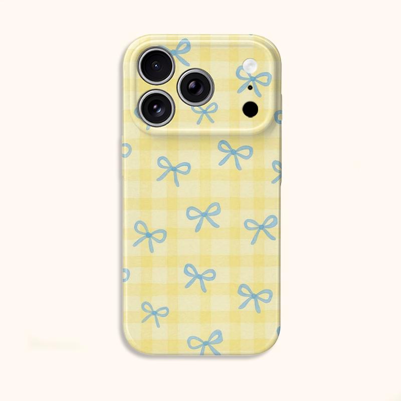 Buttery Yellow Gingham Blue Bow Pattern Graphic Art Film Aesthetic Protective Shockproof Bumper Phone Case For iPhone 14 15 16 17 Pro Max Plus