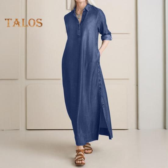 Dame Denim Maxi Kjole Casual Opprullede Ermer Splittkjole med Lommer Pluss Størrelse Knappelukking Revers V-hals Lang Kjole