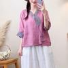 Summer Women's Vintage Ethnic Style Cotton Linen V-Neck Embroidered Buttoned Sleeveless Blouse Top