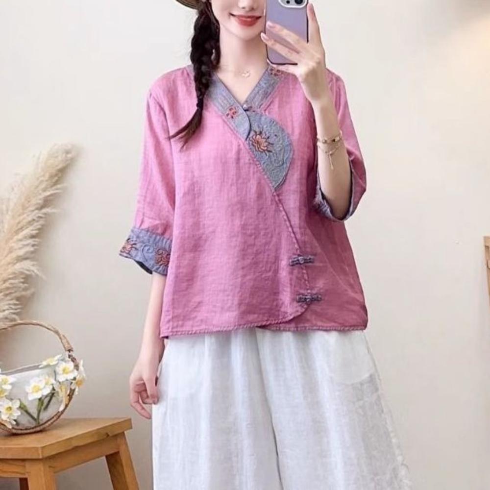 Summer Women's Vintage Ethnic Style Cotton Linen V-Neck Embroidered Buttoned Sleeveless Blouse Top