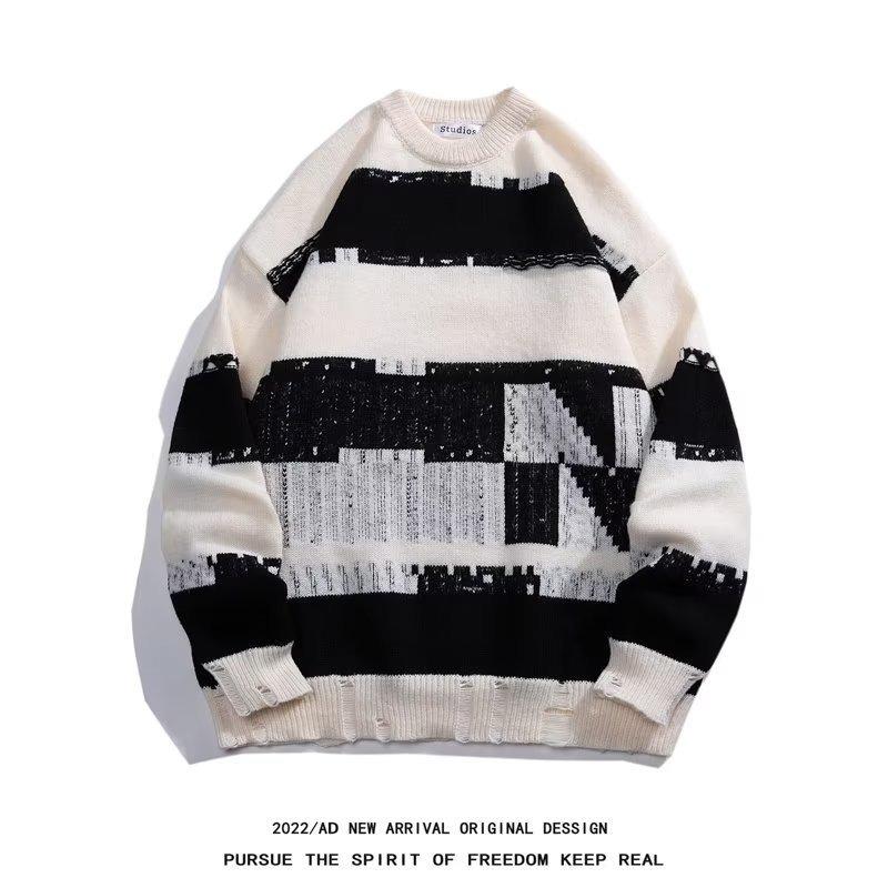 

Ретро геометрический цветной блок свитер с круглым вырезом мужской модный свободный пара повседневный универсальный свитер-пуловер L