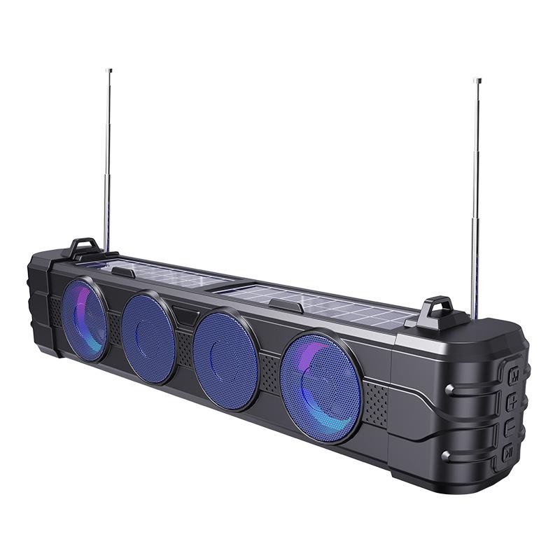 Tragbarer Solar-Bluetooth-Lautsprecher mit UKW-Radio, Doppelantennen, 2×5W-Treibern, RGB-Beleuchtung, USB-/TF-Kartenunterstützung, 1200mAh-Akku, Kabellose Soundbar