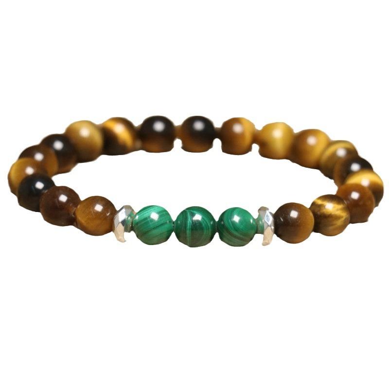 Tiger's Eye Malachite Bead Bracelet – Black Onyx Silver Accent Protection Jewelry, Men's Grounding Gift