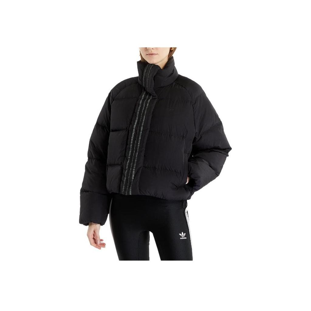 Adidas Colorblock Striped Loose-Fit Stand Collar Down Jacket Women Outerwear Black HM2627