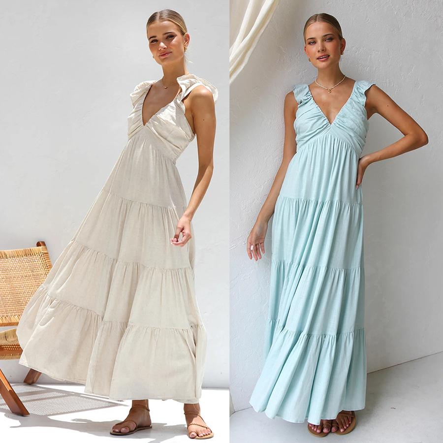 Frühling/Sommer Sexy V-Ausschnitt Baumwolle Leinen Ärmellos Einfarbige Borte Urlaubs Strandkleid