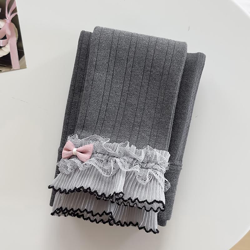 Girls' Brushed Cotton Leggings with Bow & Lace Trim - Autumn/Winter Fleece, Nine-Point Length
