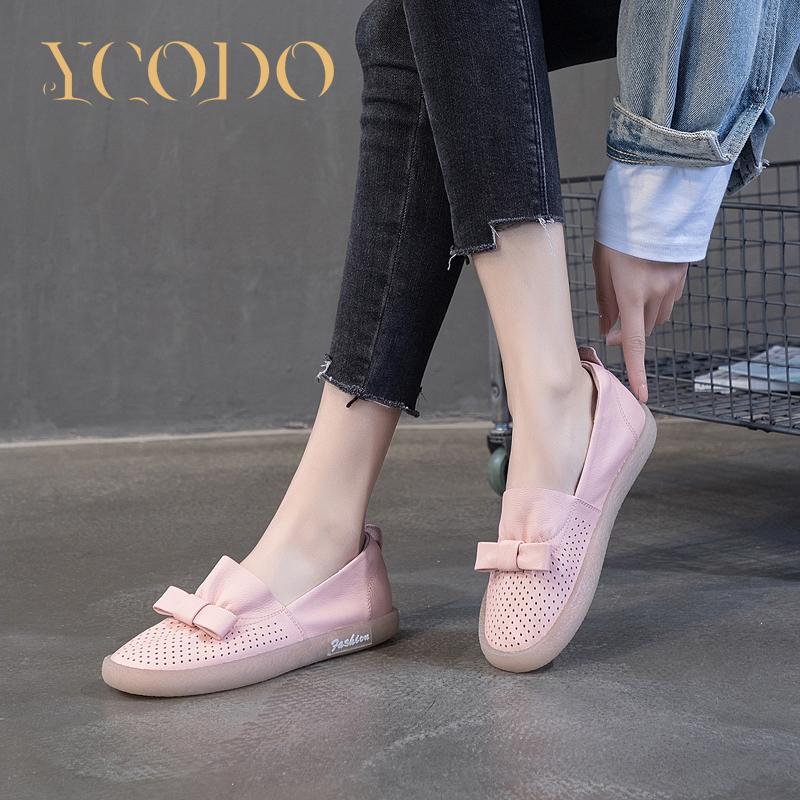 Spring and Summer Natural Leather Soft Bottom Hollow Out Women's Shoes Bow Flat Comfortable Non-slip Pregnant Shoes