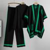 Winter suit design sense color matching long-sleeved versatile high-waisted wide-leg pants sweater knitted cardigan three-piece set women