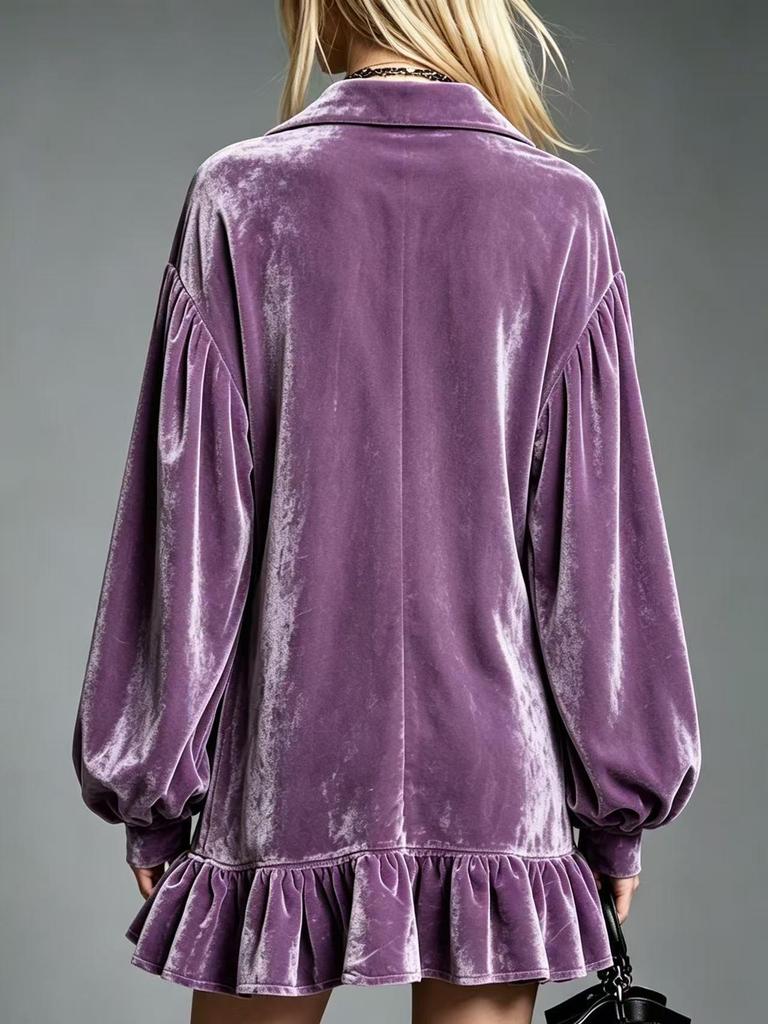 Elegant Velvet Ruffle Lapel Shirt Dress with Lantern Sleeves for Women