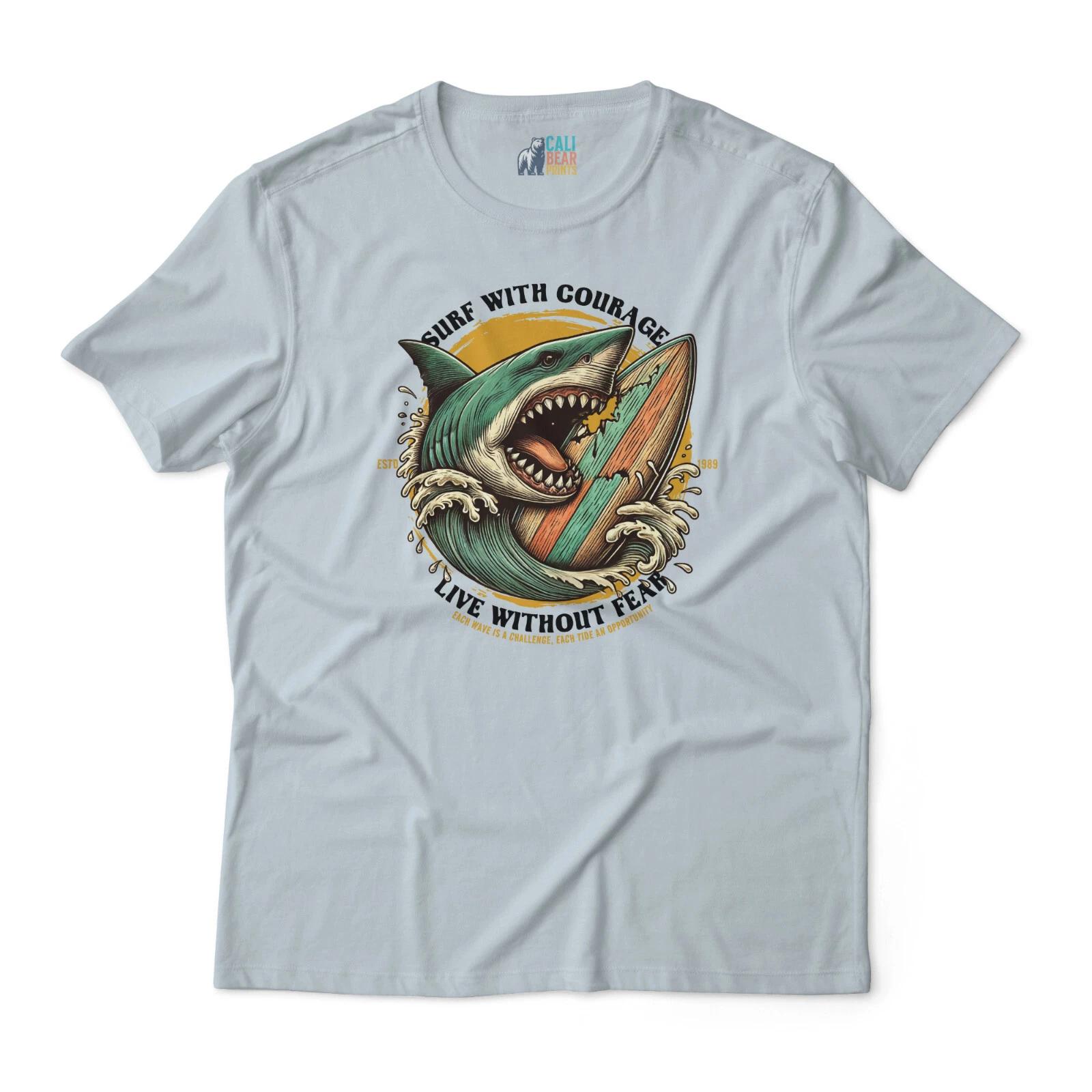 Vintage Shark and Surf T shirt - ‘Surf With Courage, Live Without Fear’ - Unisex 2XL
