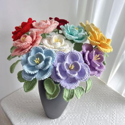 Handmade Crochet Peony Flower Knitted Cotton Peony Bouquet with Leaves And Long Stem for Wedding Home Decor Birthday Anniversary Gifts