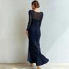 Women's Sheer Mesh Long Sleeve Pleated High Slit Bodycon Evening Dress for Wedding Guest Cocktail Party