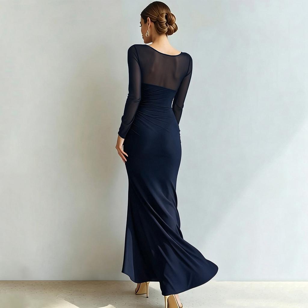 Women's Sheer Mesh Long Sleeve Pleated High Slit Bodycon Evening Dress for Wedding Guest Cocktail Party