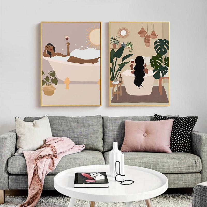 Fashion Black Girl Flowers Bathtub Leaf Abstract Wall Art Canvas Painting Boho Poster And Prints Pictures For Living Room Decor