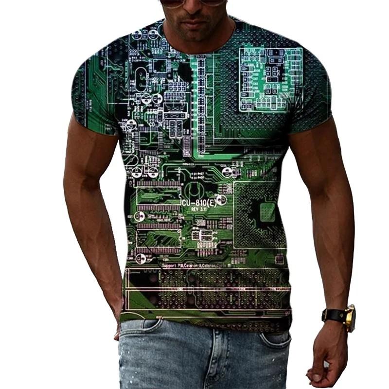 Summer Round Neck 3D Circuit Board Print T-shirts Fashionable Casual Short Sleeved Men's T-shirts
