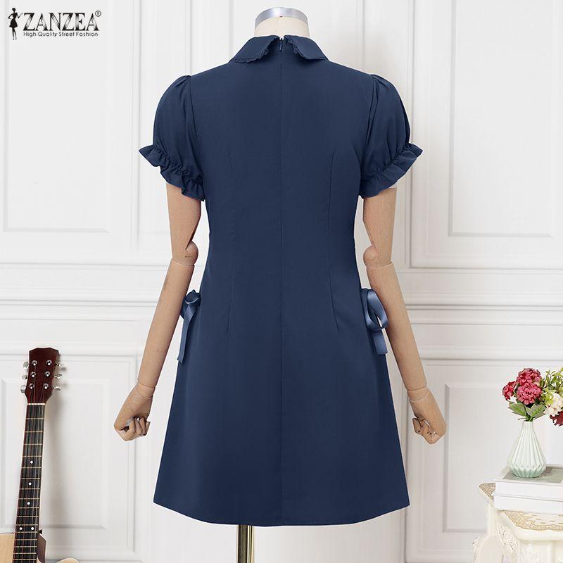 ZANZEA Women Casual Lapel Neck Short Sleeve Lace Hem Ruffled Dress