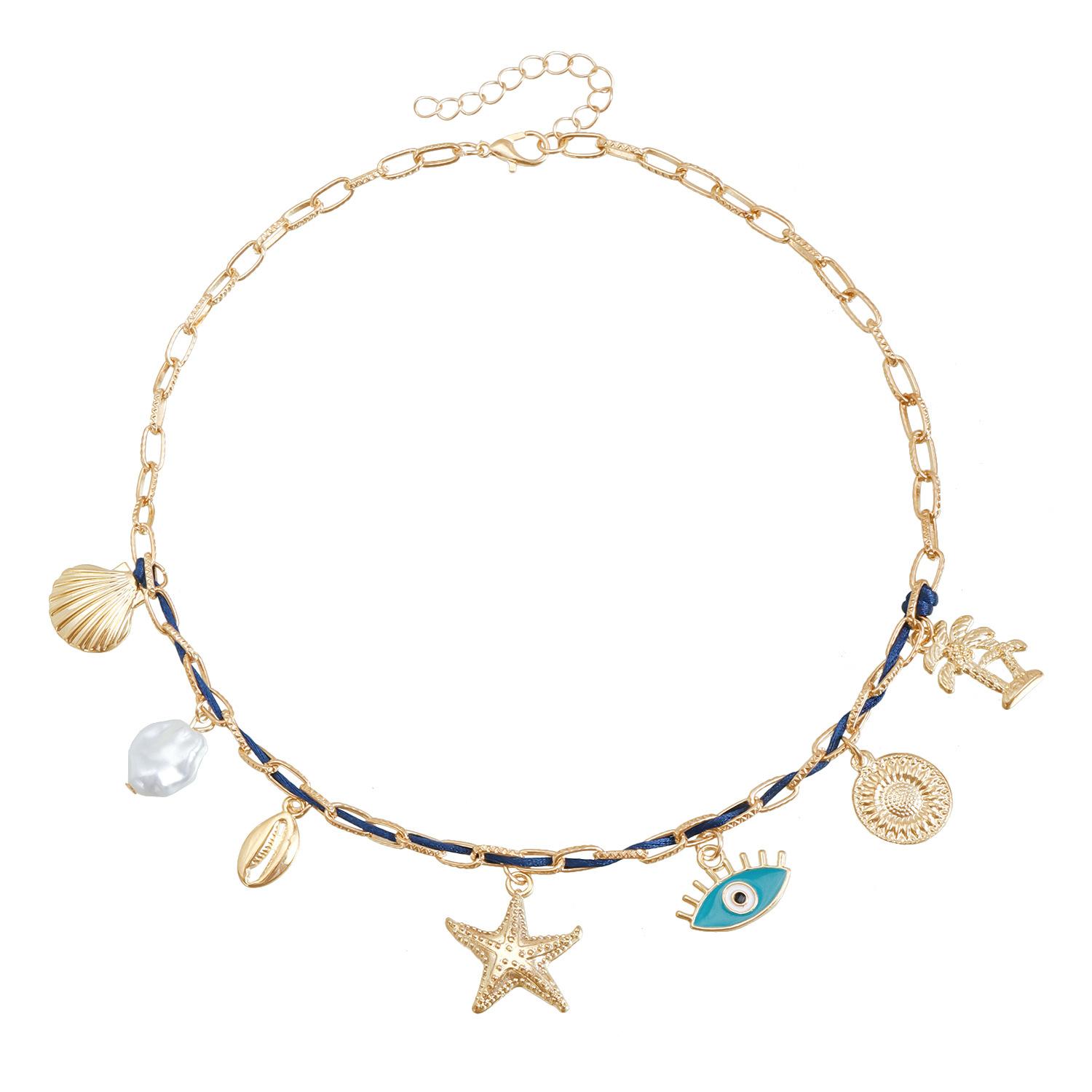 Ins Beach Leisure Vacation Wind Starfish Shell Devil s Eye Element Clavicle Chain Necklace золотой