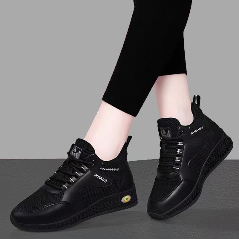 Women's Spring-Autumn Black Leather Soft-Soled Versatile Casual Walking Shoes, Comfortable Kitchen Work Footwear For Seniors.