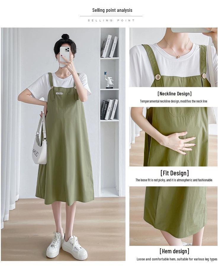 2023 Trendy Maternity Summer Dress - Stylish Loose Mid-Length Splicing Suspender Skirt (Fake Two-Piece)