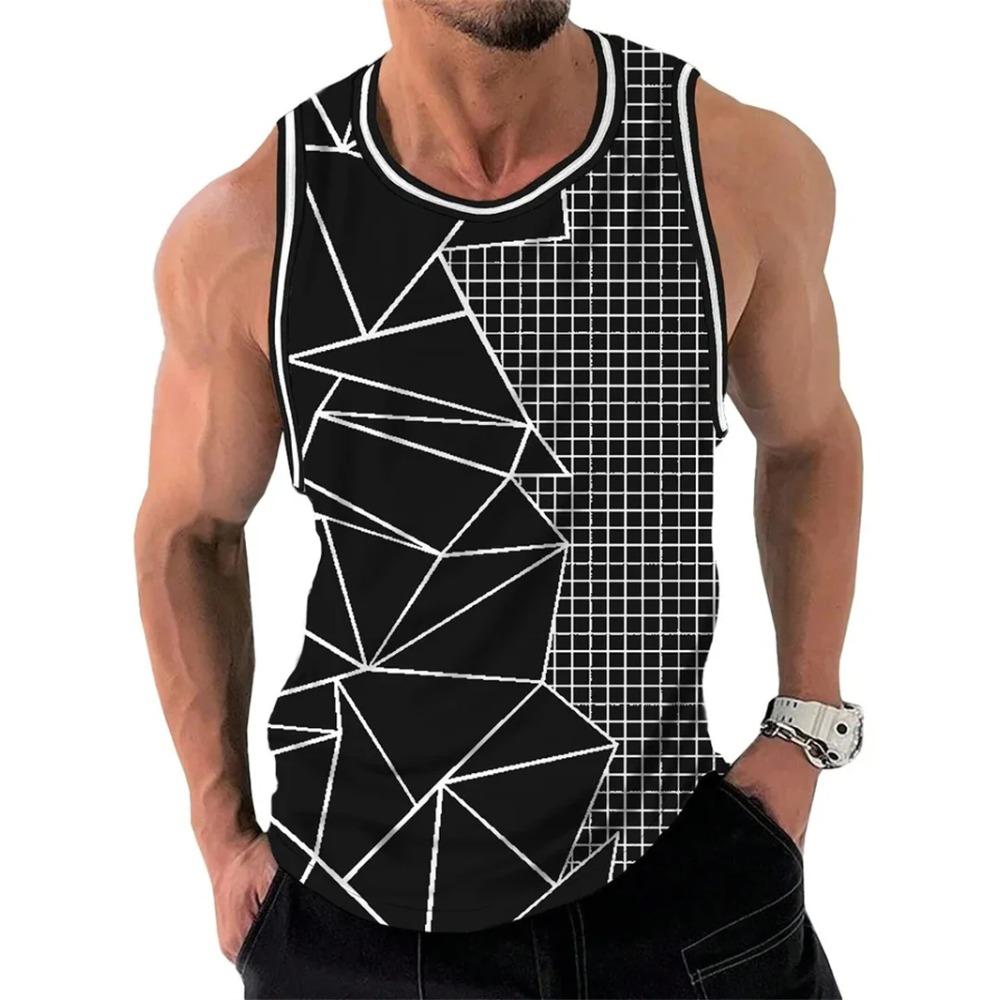 Men's Retro Geometric Printed Round Neck Vest 3D Printed Irregular Color Vest Summer Oversized Casual Loose Comfortable Soft Breathable Vest