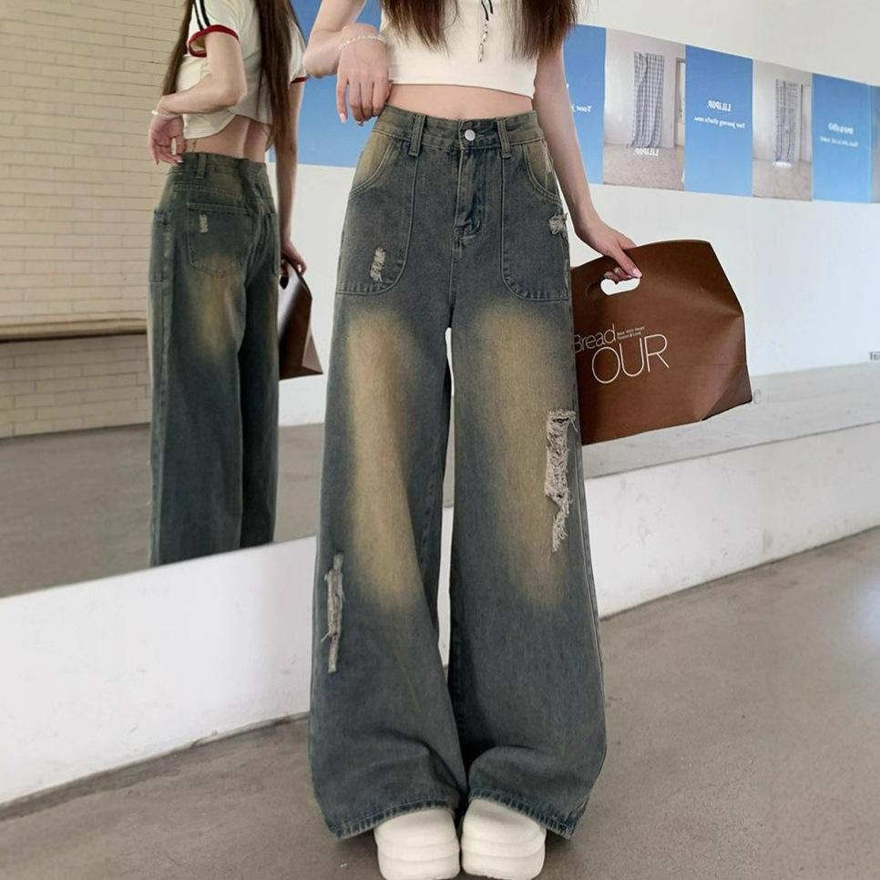 Design Sense Hole-breaking Jeans Women's Niche Straight High-waisted Vintage Dragging Floor Wide-legged Trousers Jeans for Women Long Denim Pants