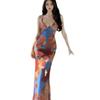 Seaside vacation style fun printing suspender dress women's summer new waist and thin sexy backless long skirt