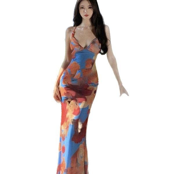 Seaside vacation style fun printing suspender dress women's summer new waist and thin sexy backless long skirt