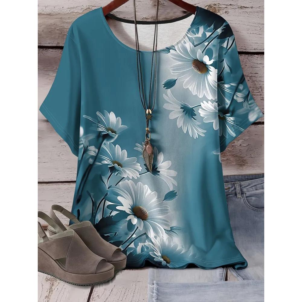 Modisches Blumendruck Damen Top Lässig Kurzarm Locker Bequem T-Shirt Vielseitige T-Shirts Damen