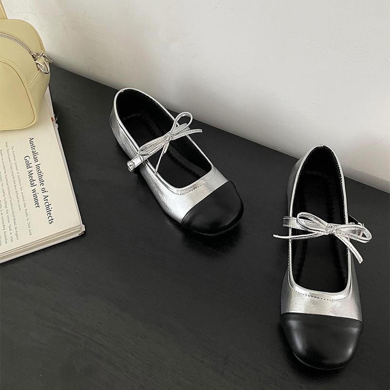 

2024 New Mary Janes Shoes for Women Ballet Flats Fashion Bowknot Buckle Elegant Designer Shoe Ladies Shallow Dress Shoes Loafers 40 срібний