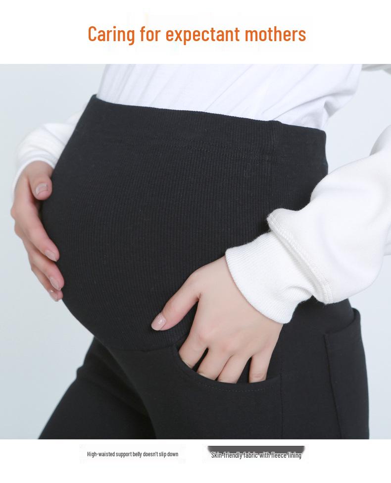 Plus Size Fleece-Lined Maternity Pants with Belly Support for Autumn and Winter