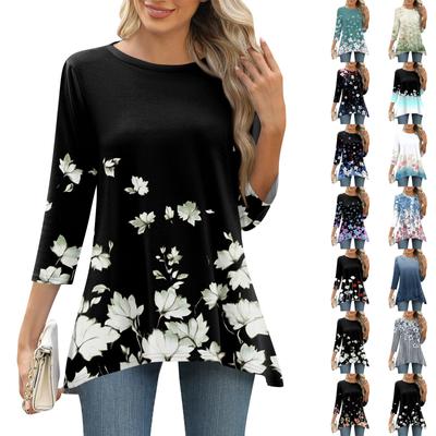 Kadınlar İçin 3/4 Kollu Tunik Üstler Baskılı Günlük Hafta Sonu Bol Kesim Moda Temel Yuvarlak Yaka Tişört