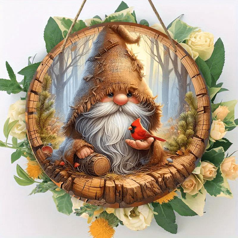Cardinal Wooden Christmas Sign with Adorable Gnome Pattern - Navidad Round Sign for Front Door, Wall Hanging Decor - Ideal Christmas Decoration