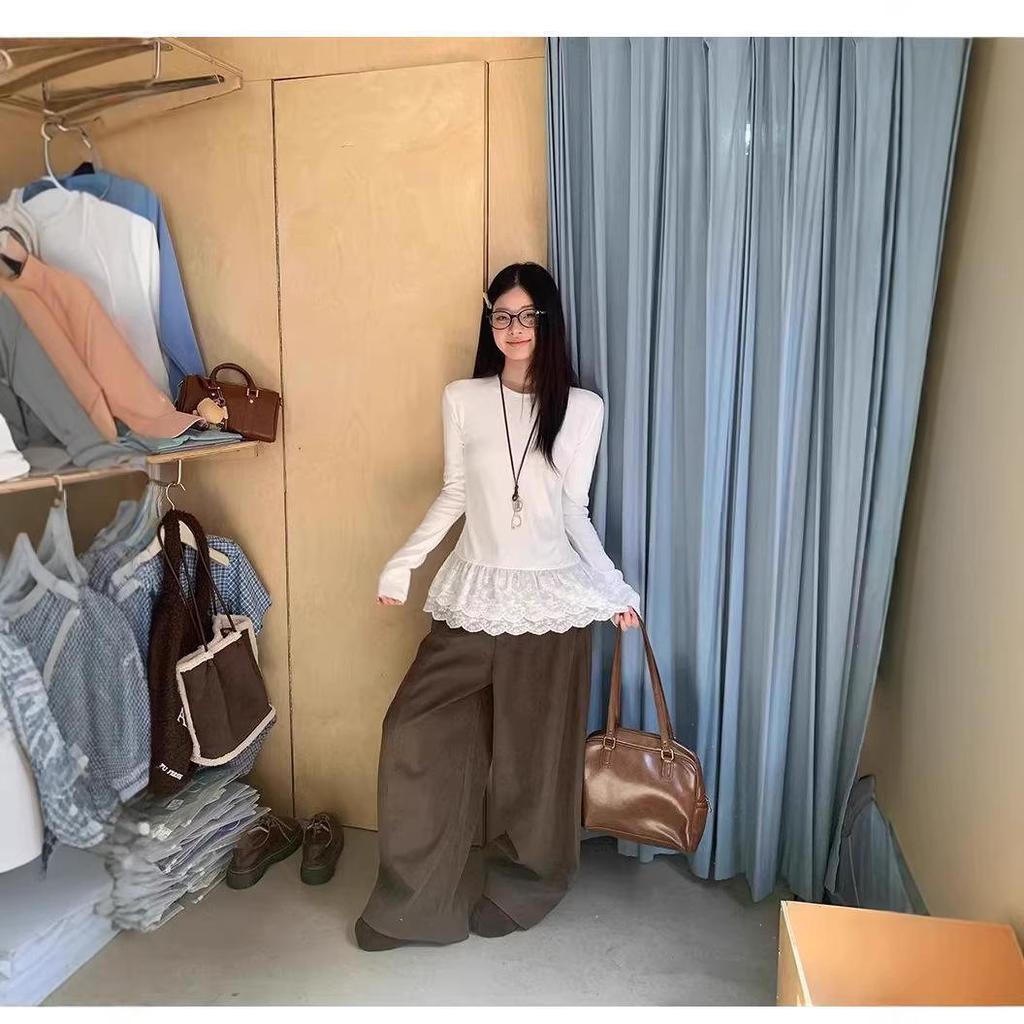 Korean Lace Thermal Slim-Fit Women's Long-Sleeve T-shirt, Autumn/Winter 2025 Style