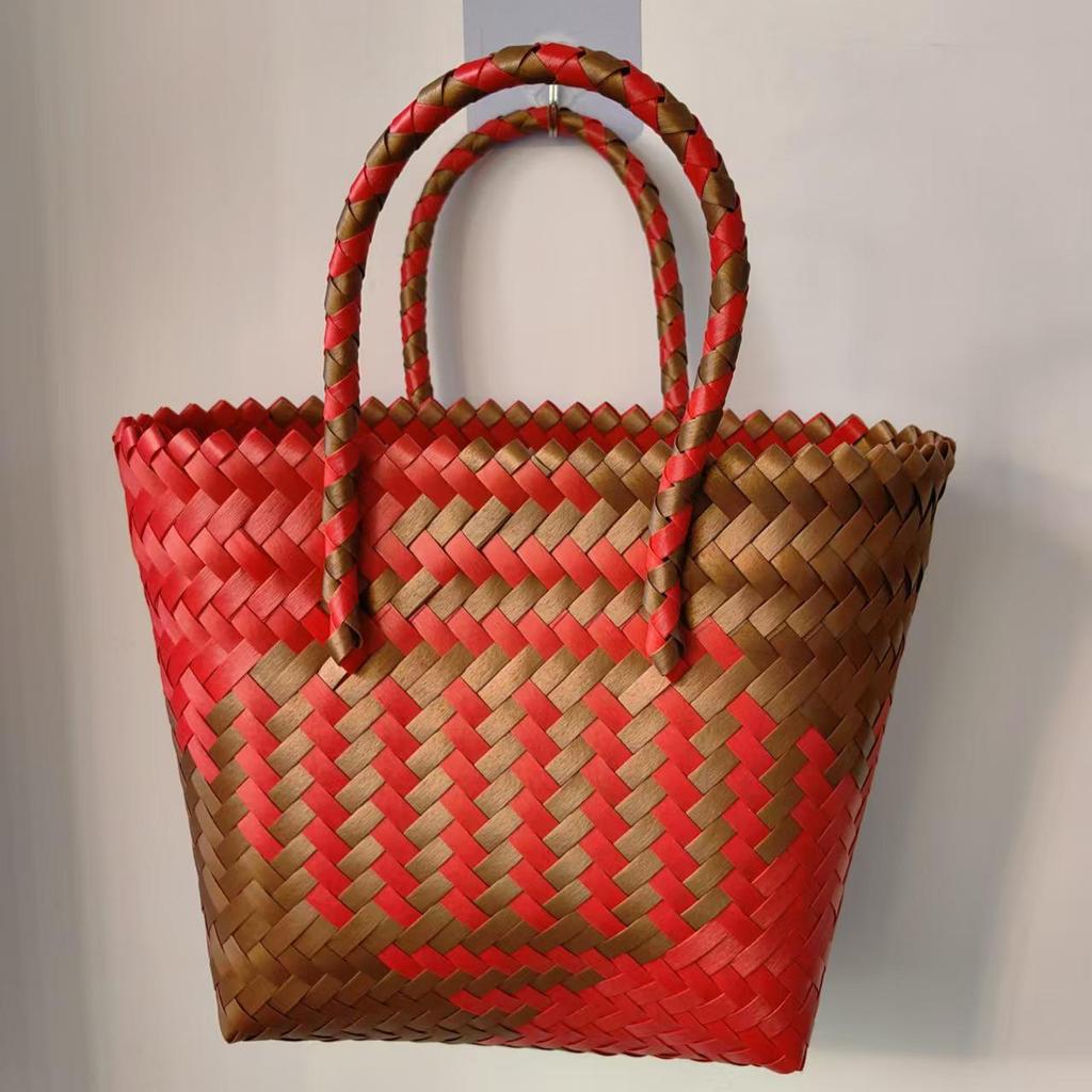 Women's Bamboo Handle Woven Beach Tote Bag