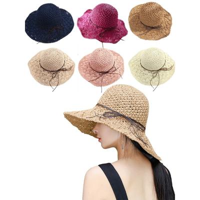 Damen handgefertigter Stroh-Panama-Hut Sommer Mode Schleife faltbar breite Krempe Sonnenschutzmütze für Outdoor Strand UV-Schutz