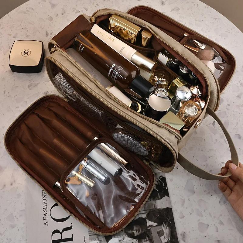 Multifunctional Makeup Bag For Women PU Leather Large Capacity Portable Double Zipper Travel Makeup Brush Toiletries Storage Bag
