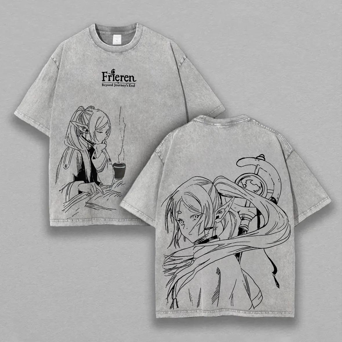 

Japanese Manga Frieren Printed T-shirt Street Fashion Washed Oversized T Shirt Men Women Clothing Pure Cotton Short Sleeve Tees XXL серый
