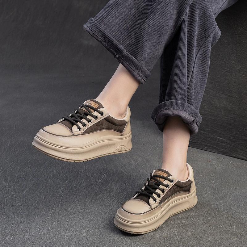 Fashion GKTINOO Sneakers Women Genuine Cow Leather Flats Thick Soled Lace-Up Spring Autumn Lady Casual Flat Shoes Handmade Women Shoes