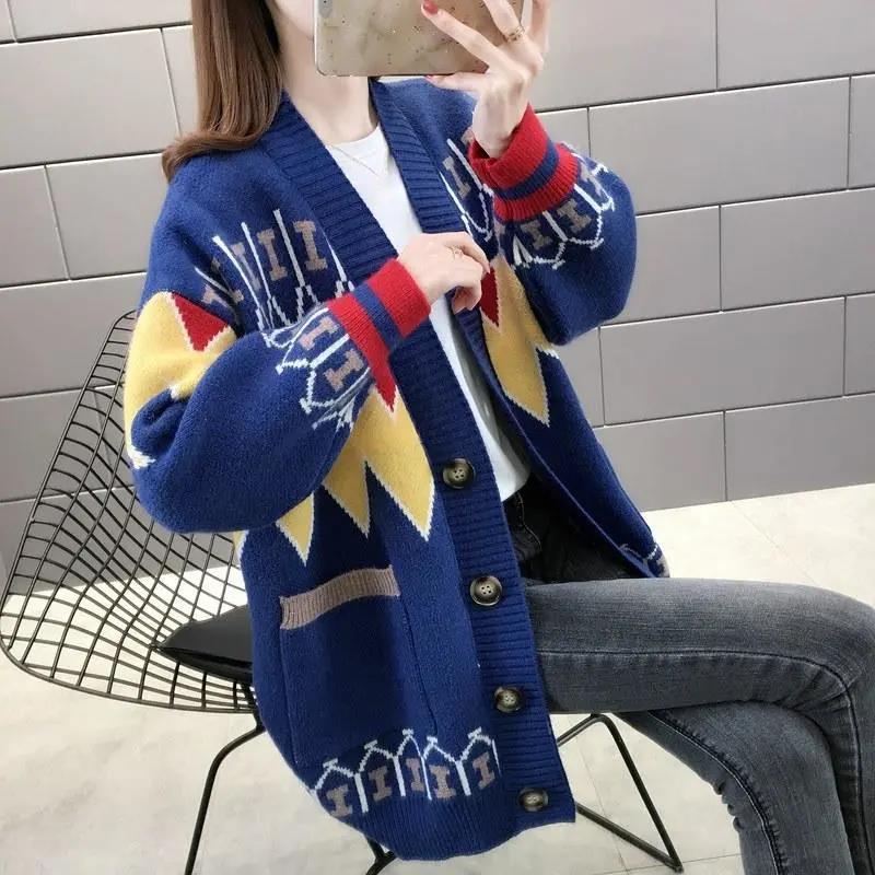 

Ленивый жаккардовый теплый свободный свитер с v-образным вырезом и длинными рукавами, кардиган, женский вязаный свободный свитер, куртка, вязаный кардиган S